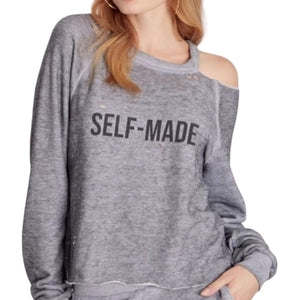Wildfox Self-Made Distressed Cutout Long Sleeve Crew Sweatshirt in Heather Gray